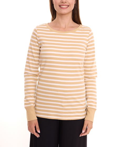 DELMAO Camisa de mujer de manga larga Stripes Interlock de algodón a rayas manga larga 60056433 beige/blanco