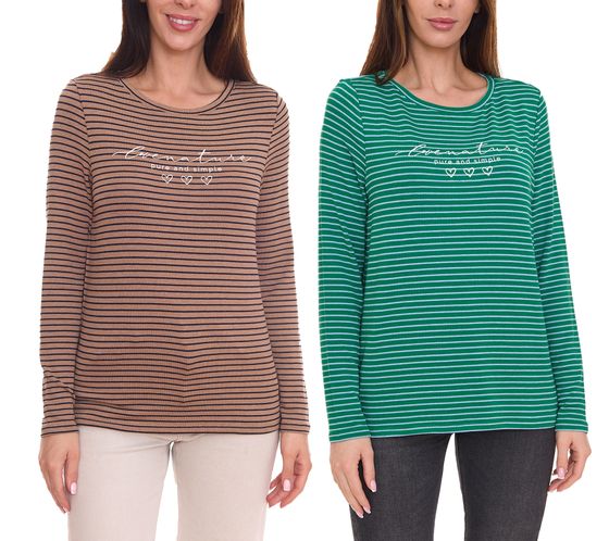 Street One women's long-sleeved shirt, striped sweater with lettering on the front, brown/black or green/white