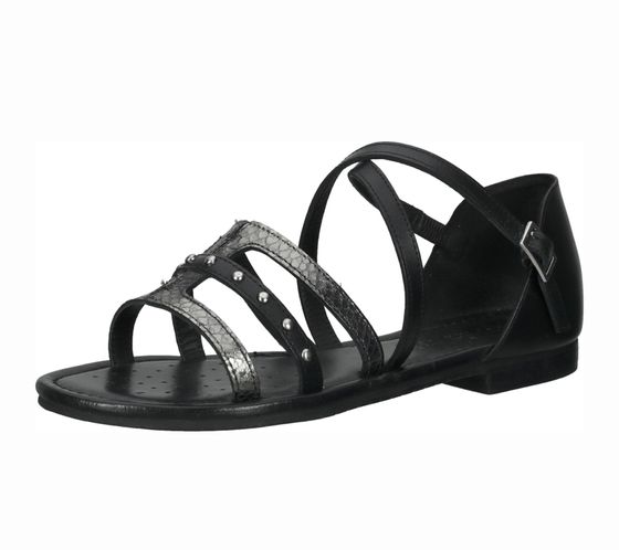 GEOX Zapatos Mujer Piel Verdadera Estilo Gladiador Zapatos Verano con Remaches y Estampado Animal D25LXV 043N9 C9244 Negro