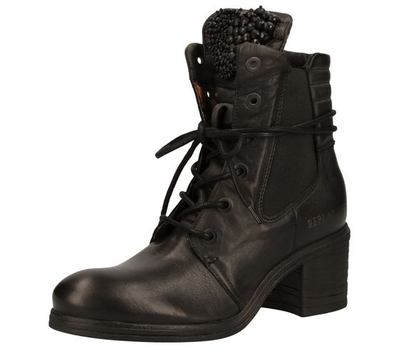 REPLAY women's ankle boots, real leather lace-up boots made in Portugal with studded tongue C0011L 0003 black