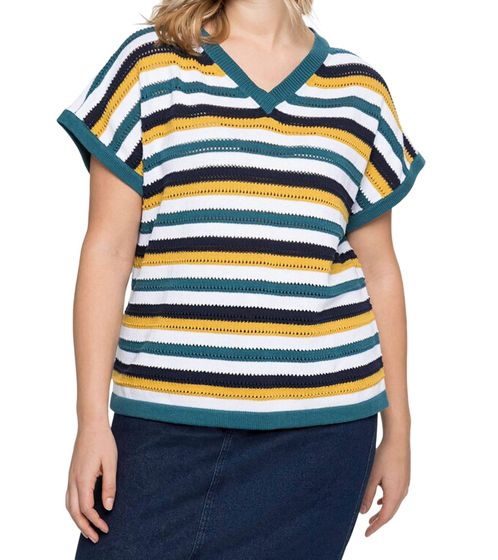 maglione da donna sheego lavorato a maglia con motivo ajour, maglione girocollo con maniche a 1/2 59143576 bianco/giallo/blu