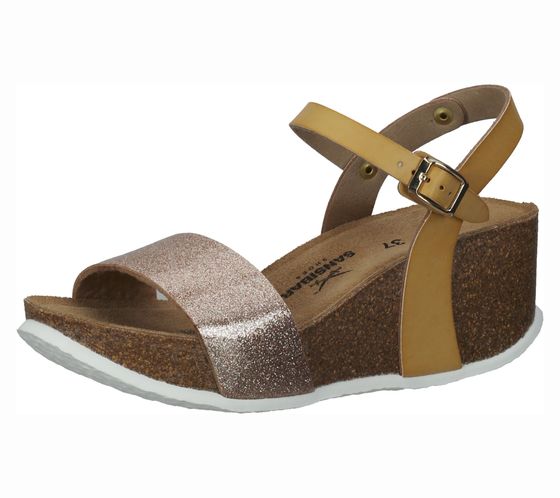 SANSIBAR women's wedge sandals, genuine leather sandals with glitter cross straps 1096232 beige