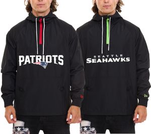 NEW ERA NFL OVERLAP LOGO Men's Patriots or Seattle Seahwaks Windbreaker Hooded Jacket Black/Red or Black/Green