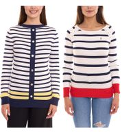 DELMAO Damen Langarm-Shirt gestreiftes Rundhals-Sweatshirt mit Schnürung oder Knöpfen Blau/Weiß/Rot oder Blau/Weiß