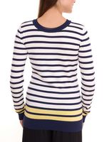 DELMAO Damen Langarm-Shirt gestreiftes Rundhals-Sweatshirt mit Schnürung oder Knöpfen Blau/Weiß/Rot oder Blau/Weiß