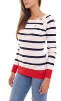DELMAO Damen Langarm-Shirt gestreiftes Rundhals-Sweatshirt mit Schnürung oder Knöpfen Blau/Weiß/Rot oder Blau/Weiß
