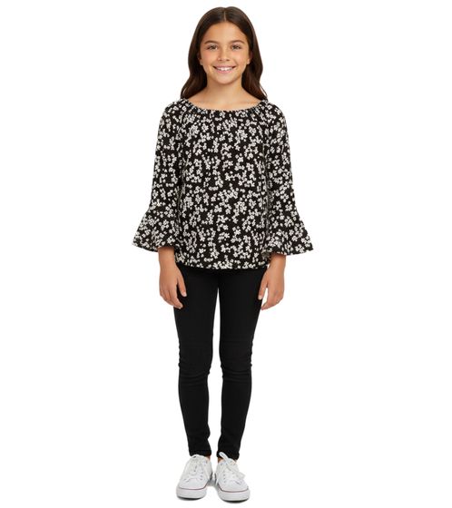 KIDSWORLD Mädchen Sommer-Shirt mit Trompetenärmeln und Allover Blumen-Print Rundhals-Shirt 94928611 Schwarz