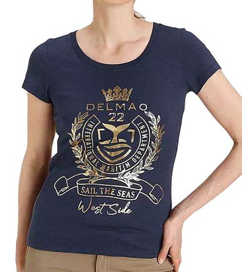 DELMAO Damen T-Shirt extravagantes Rundhals-Shirt mit Frontdruck 73785608 Blau/Gold