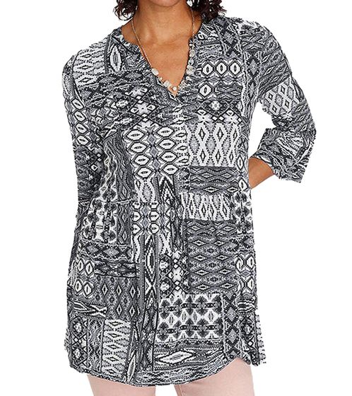 BOYSEN'S Ibiza tunica camicia estiva da donna con maniche a 3/4 e stampa all-over 84376566 nero/grigio/bianco