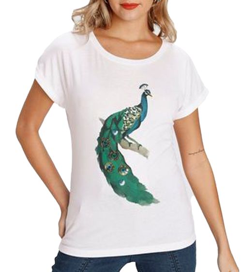 AjC Damen T-Shirt extravagantes Rundhals-Shirt mit gedrucktem Pfau und Glitzer 70644840 Weiß