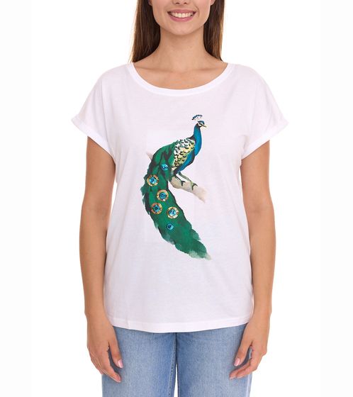 AjC women's T-shirt extravagant round-neck shirt with printed peacock and glitter 70644840 white