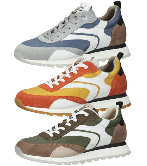 SANSIBAR baskets en cuir véritable pour hommes avec semelle amovible, chaussures à lacets à la mode 10963 bleu/gris jaune/orange beige/vert