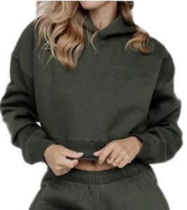 sealia Kayla Damen Crop-Hoodie modischer Kapuzen-Pullover Sweater Khaki