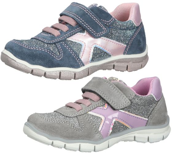 Zapatillas bama para niñas con plantilla extraíble y refuerzos de piel auténtica Shock Absorber 1095 gris/plata o azul/purpurina