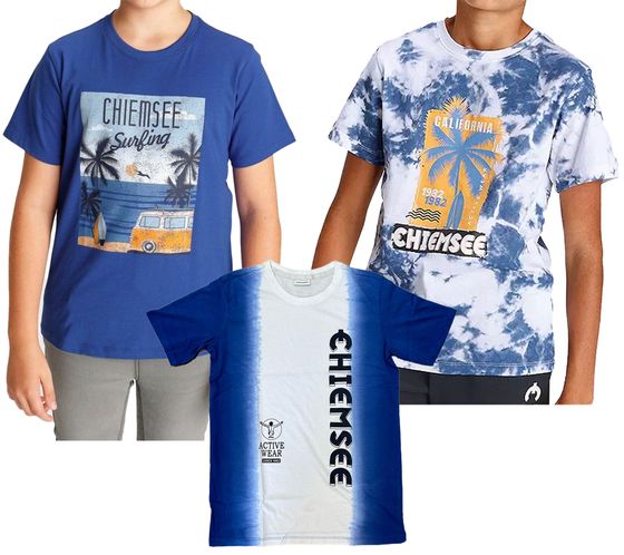 Chemise en coton enfant CHIEMSEE pour adolescents et jeunes, chemise à manches courtes avec grand imprimé devant en bleu ou bleu/blanc