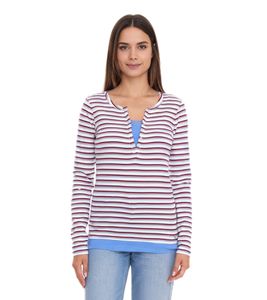AjC Damen Langarm-Shirt mit Spitze figurbetontes Baumwoll-Shirt 12726709 Weiß/Blau/Rot
