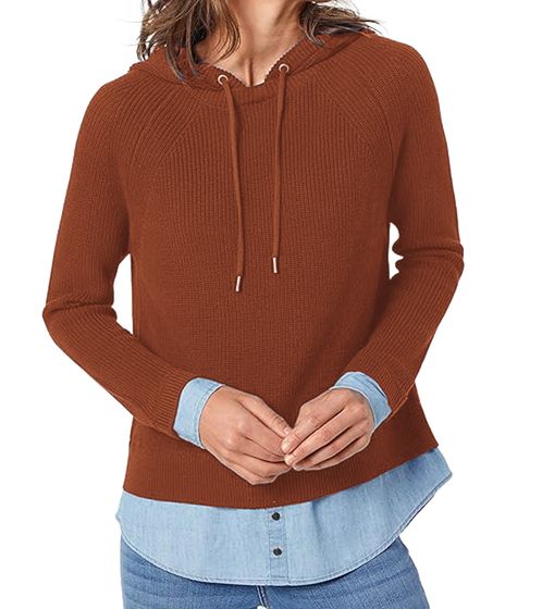 ESPRIT Pull femme en maille fine avec ourlet chemisier, sweat à capuche pour le bureau au look 2 en 1 129CC1I002 800 marron/bleu