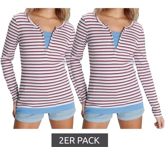 2er Pack AjC Damen Langarm-Shirt mit Spitze figurbetontes Baumwoll-Shirt 12726709 Weiß/Blau/Rot