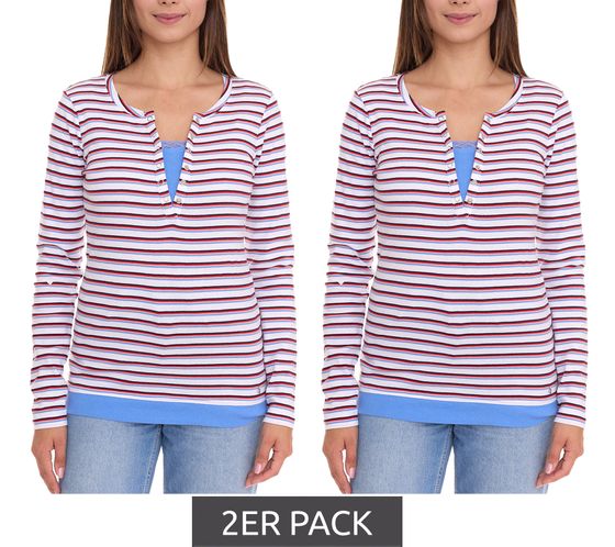 Pack de 2 camisetas de mujer AjC de manga larga con encaje, camisa de algodón que realza la figura 12726709 blanco/azul/rojo