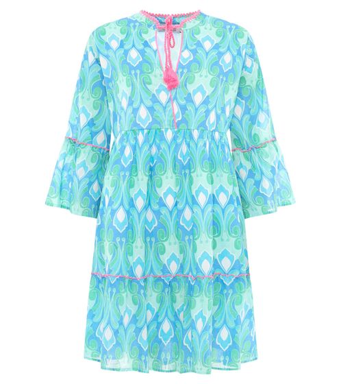 ZWILLINGSHERZ flower ornaments women's tunic dress eye-catching cord with tassels summer dress 33061-2 turquoise