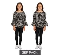 2er Pack KIDSWORLD Mädchen Sommer-Shirt mit Trompetenärmeln und Allover Blumen-Print Sparpack Rundhals-Shirt 94928611 Schwarz