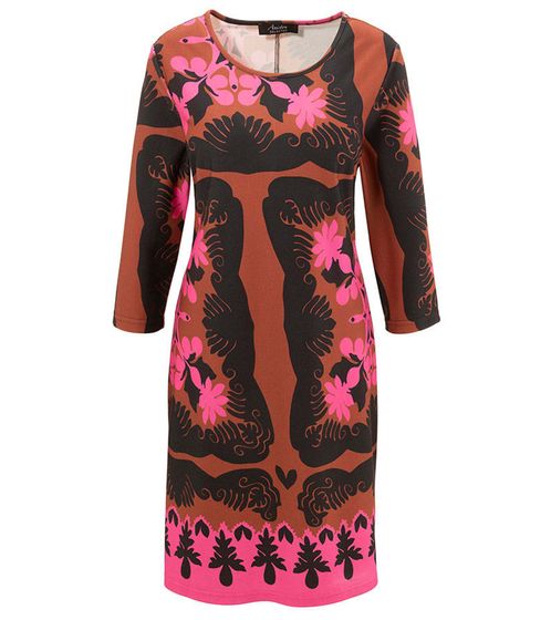 Abito midi da donna Aniston Selected in jersey floreale con maniche a 3/4 marrone/rosa/nero