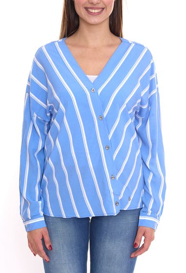 AjC Blusa sin cordones para mujer, blusa sostenible con cuello en V, a rayas 48173418 azul/blanco