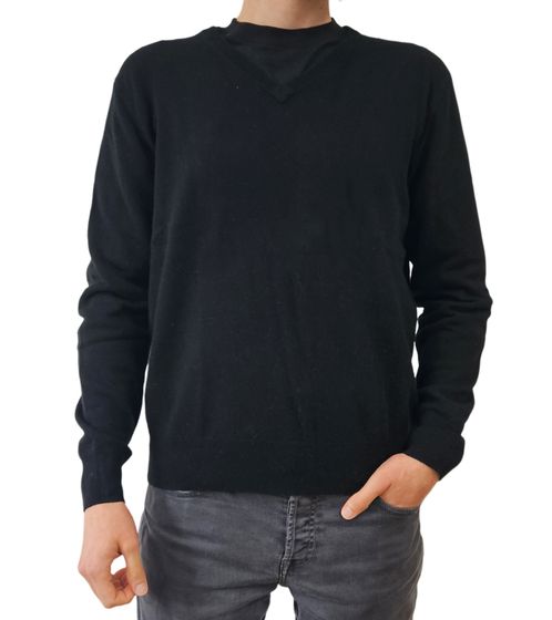 ZWILLINGSHERZ maglione da uomo 100% cashmere pullover con camicia a maniche lunghe scollo a V nero