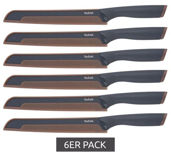 Pack de 6 cuchillos para pan Tefal Fresh Kitchen de 20 cm fabricados en acero inoxidable con revestimiento antiadherente reforzado con titanio y mango ergonómico, aptos para lavavajillas K1221805 gris/marrón