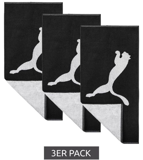 3er Pack PUMA Baumwoll-Badetuch Frottee-Handtuch mit großem Marken-Logo 70cm x 140cm 054552 01 Schwarz/Weiß