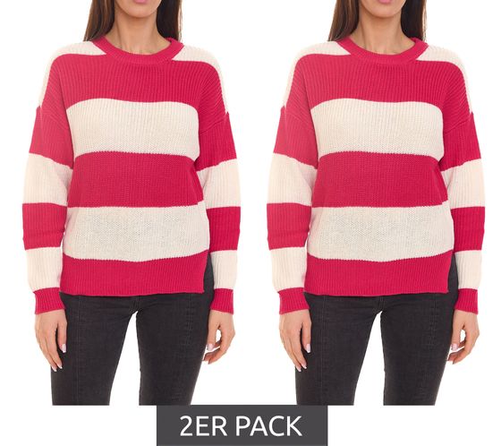 2er Sparpack Aniston CASUAL Pullover gestreifter Damen Strick-Sweater im Colorblock-Look 23290219 Weiß/Pink