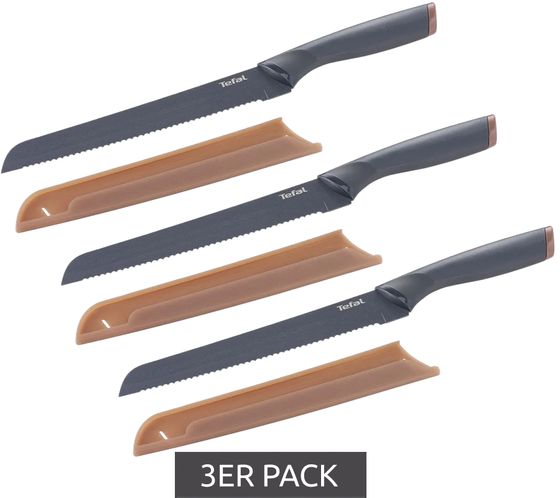 Pack de 3 cuchillos para pan Tefal Fresh Kitchen de 20 cm fabricados en acero inoxidable con revestimiento antiadherente reforzado con titanio y mango ergonómico, aptos para lavavajillas K1221805 gris/marrón