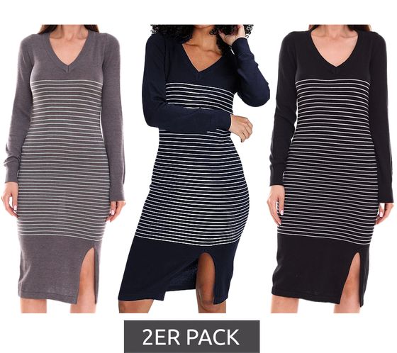 Pack of 2 AjC women's sweater dress, striped midi dress, knitted dress in grey, black or blue