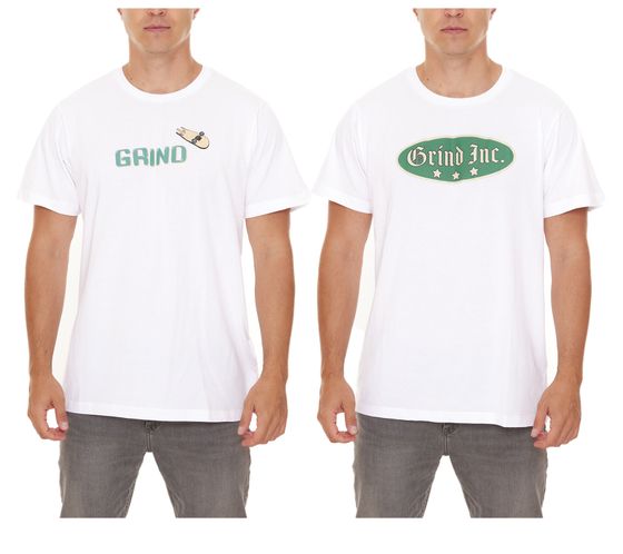 GRIND Inc Old School Logo or Pizza Tee Logo Men's Short Sleeve Shirt with Logo Print Cotton T-Shirt GITR00 White