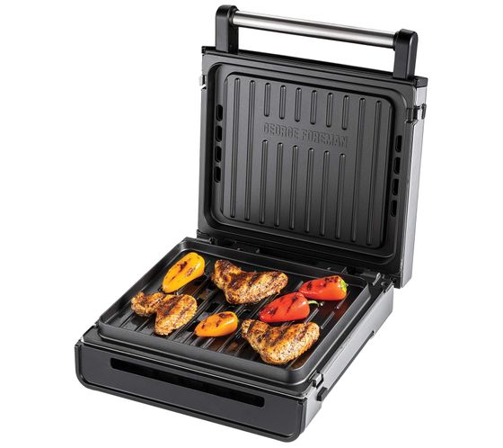 GEORGE FOREMAN Parrilla de contacto de acero inoxidable sin humo Parrilla de mesa sin humo Accesorios de cocina Utensilios de cocina 28000-56 plateado/negro