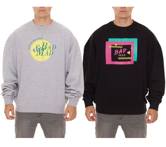 BAD+MAD Berlin ou London Sweat pull col rond homme avec imprimé coloré sur le devant pull BMSR00 noir ou gris