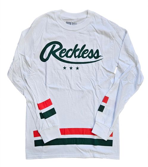 YOUNG & RECKLESS Camisa de manga larga para hombre Roster con gran estampado frontal, jersey de cuello redondo, camisa de manga larga MTS2945 blanco