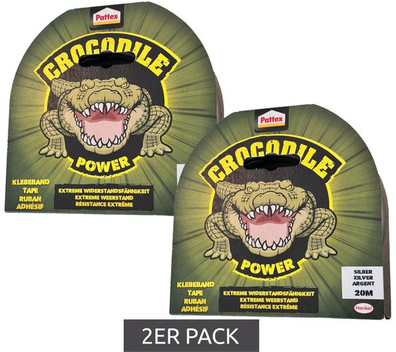 Paquete de 2 Pattex CROCODILE POWER 20m Gaffer-Tap Panzer-Tap Cinta Adhesiva Universal Cinta Adhesiva Pegamento Plata