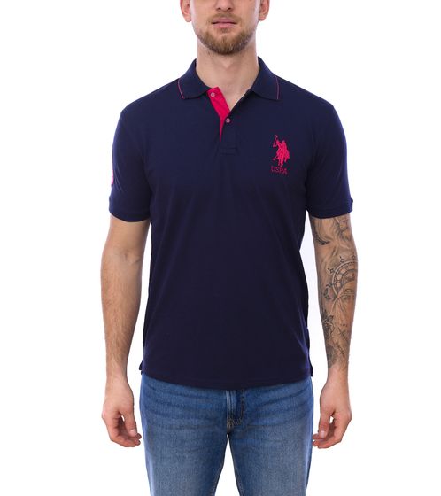 U.S. POLO ASSN. Herren Polo-Hemd mit "3" Patch auf Ärmel Baumwoll-Shirt mit großer Logo-Stickerei 197 68175 52520 378 Dunkelblau/Pink