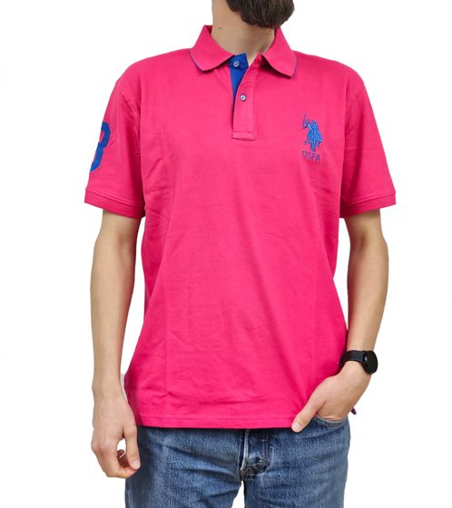 U.S. POLO ASSN. Herren Polo-Hemd mit "3" Patch auf Ärmel Baumwoll-Shirt mit großer Logo-Stickerei 197 68175 52520 658 Pink/Blau