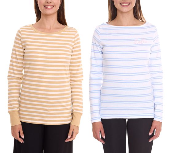 DELMAO women's long-sleeved shirt striped cotton sweatshirt blue/white or beige/white