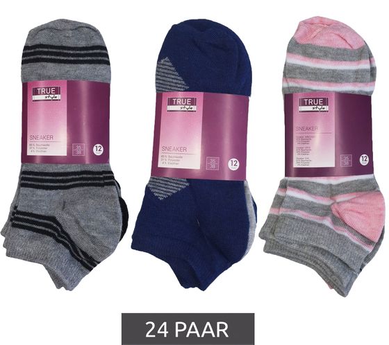 24 paia di calze di cotone stile TRUE con cintura comoda, calzini da sneaker sostenibili con diversi modelli di rosa, blu o nero