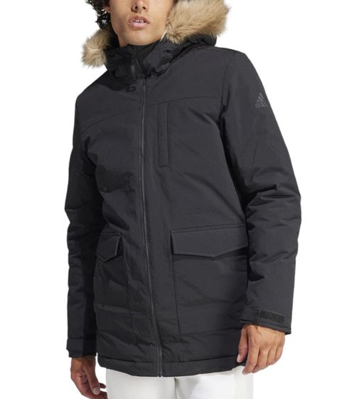 adidas men's winter parka sustainable insulation jacket with removable faux fur IK0553 Black