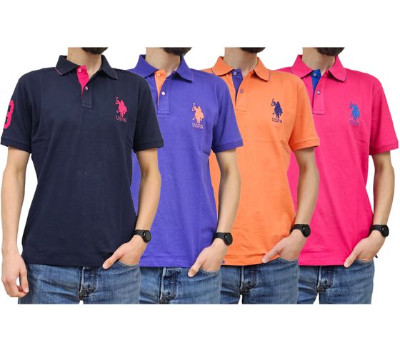 U.S. POLO ASSN. Men's polo shirt with "3" patch on sleeve Cotton shirt with large logo embroidery 197 68175 52520 Purple, orange, blue, pink