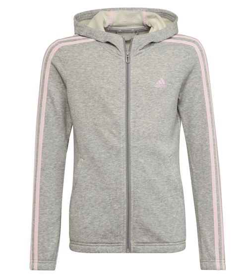 adidas sustainable sports jacket for girls with hood, everyday jacket with cotton content, fitness jacket HM8752 gray/pink