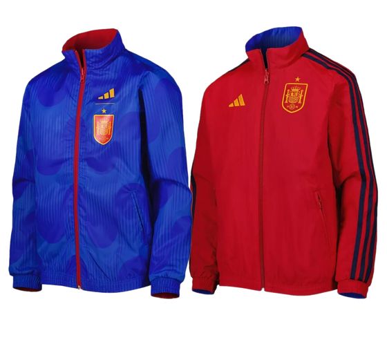 Veste réversible durable pour homme adidas Performance avec logo de l'équipe nationale espagnole, veste d'entraînement à col montant, veste de sport, veste de fitness HE8920 bleu/rouge