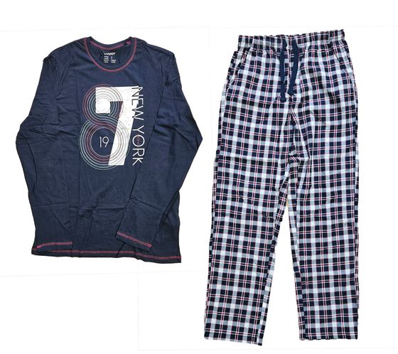 LIVERGY Herren Pyjama-Set 2-teilig karierter Schlafanzug Baumwoll-Pyjama mit Frontprint OEKO-TEX Standard 100 426871_2301 M1 Dunkelblau/Rot/Weiß