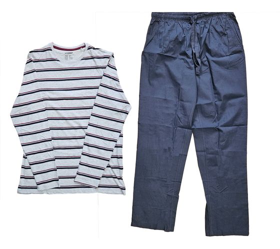 LIVERGY Herren Pyjama-Set 2-teilig gestreifter Schlafanzug Baumwoll-Pyjama OEKO-TEX Standard 100 426871_2301 M2 Blau/Rot/Grau