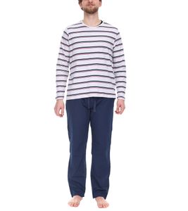 LIVERGY Herren Pyjama-Set 2-teilig gestreifter Schlafanzug Baumwoll-Pyjama OEKO-TEX Standard 100 426871_2301 M2 Blau/Rot/Grau