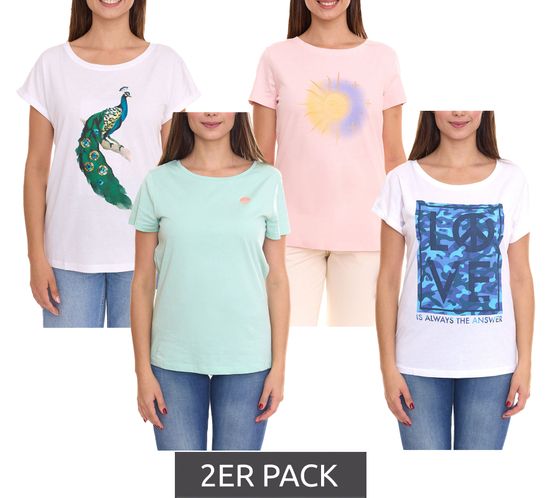 Pack économique de 2 T-shirt femme AjC avec différents imprimés, chemise d'été manches courtes, coton menthe, rose ou blanc